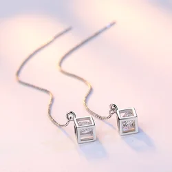 Women's Fashion Simple Style Drop Earrings Shiny Cubic Zirconia Long Box-chain Tassel Elegant Female Dangle Ear Accessories Gift