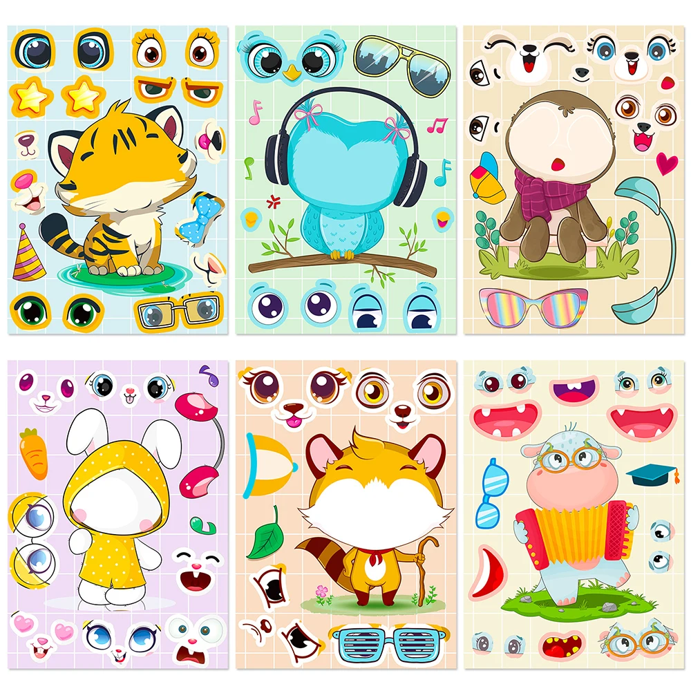 

6/12Sheets DIY Animals Puzzle Stickers Cute Tiger Rabbit Children Funny Game Kids Jigsaw Educational Toys Reward Party Favors