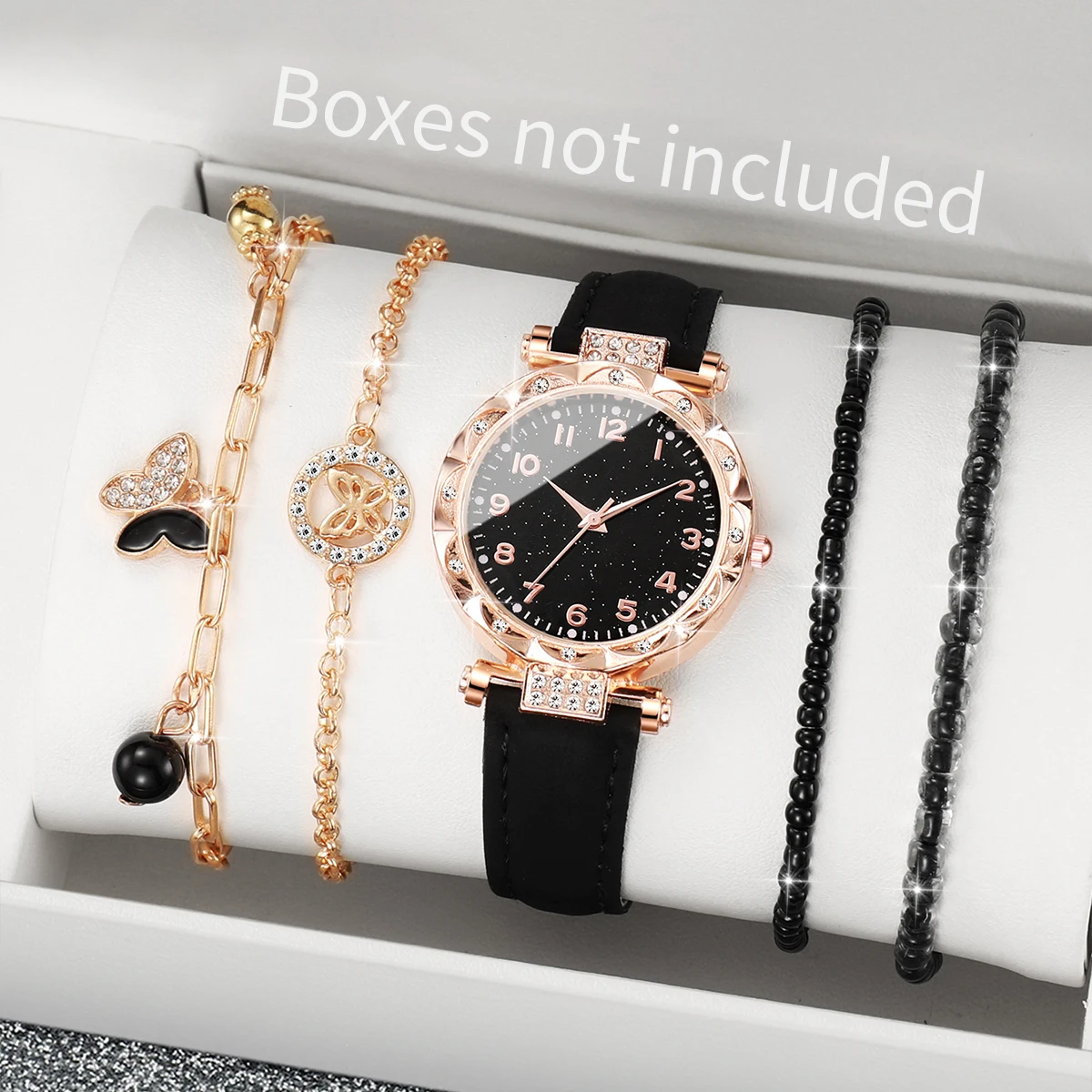 5PCs/Set Women Fashion Watch Butterfly Bracelet Set Black Leather Strap Quartz Watch