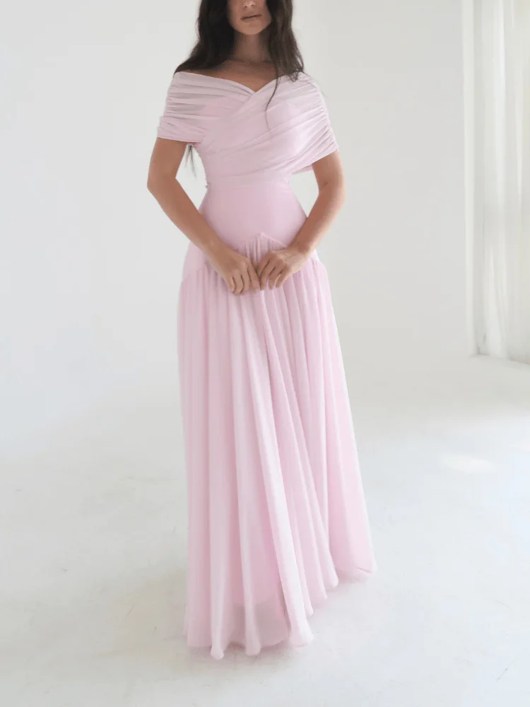 AW Pink Formal Evening Dress Off The Shoulder Pleat Chiffon A Line arty Dresses for Women Floor Length Prom Gowns Customized - view 3