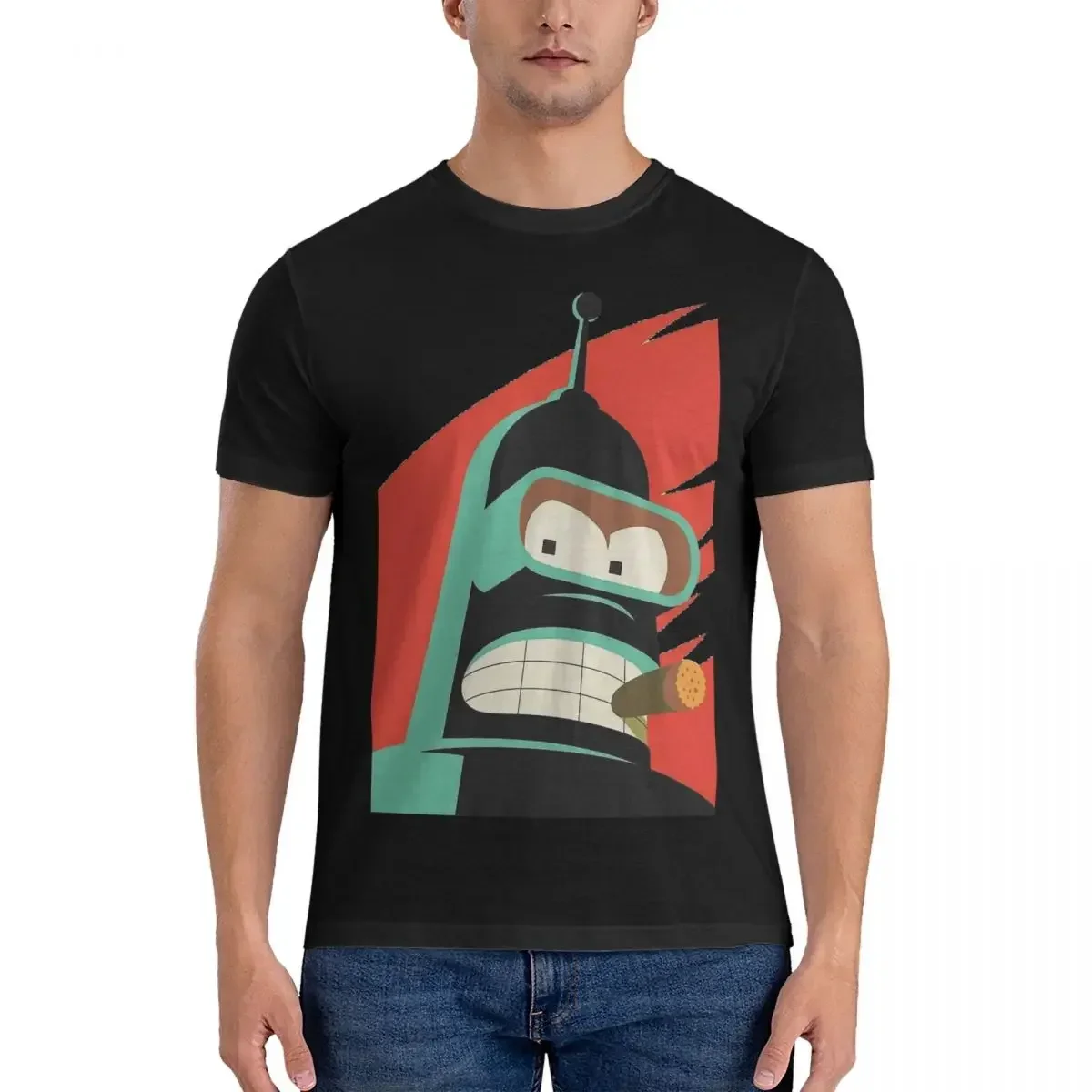 تي شيرت قطني كلاسيكي بياقة مستديرة للرجال ، تي شيرتات بأكمام قصيرة F-Futurama ، ملابس مطبوعة رائعة