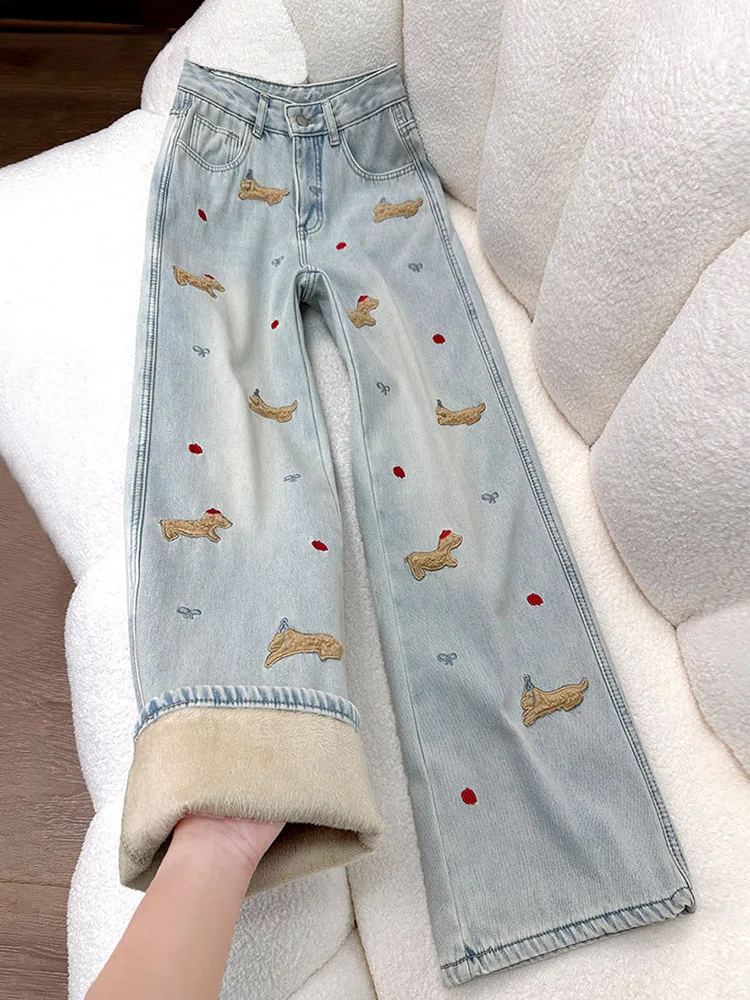 

Светло-голубые джинсы с подкладкой, широкие штанины, женские, осенне-зимние, с высокой талией, свободные, прямого кроя, зауженные к низу