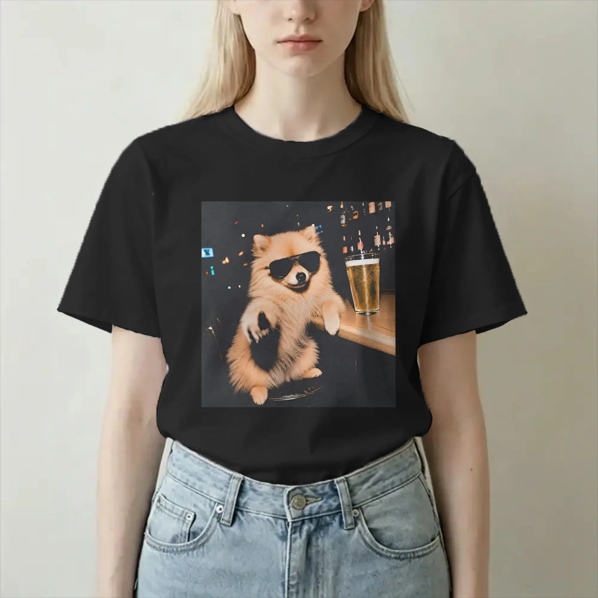 Camiseta com estampa de Pomeranian bebendo cerveja com óculos de sol para homens e mulheres, camiseta inovadora com gola redonda, 100% algodão, roupas