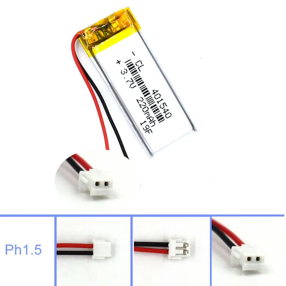 3.7V 240mAh Lipolymer 401540 Battery Rechargeable with 2pin JST Plug Cell for Lamp Led Camera GPS Recorder Video Pen Laser Pen