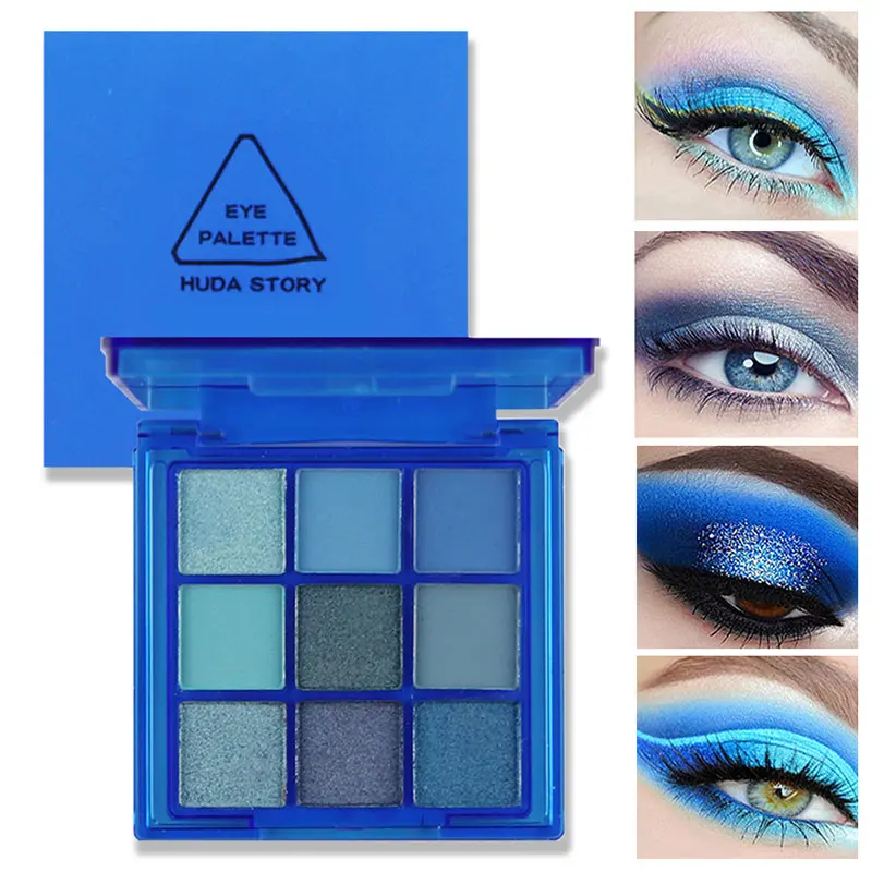 Palette de fards à barrage, 9 couleurs, bleu, maquillage, ombre à barrage, pigments néon, scintillants, scintillants, 256 tons, cool, cosmétique