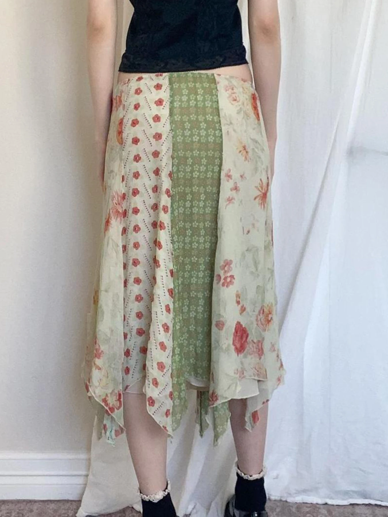 Retro Vacation Style Floral Patchwork Skirt, Women's Sexy Cardigan, Irregular Double Layered Mid Length Skirt