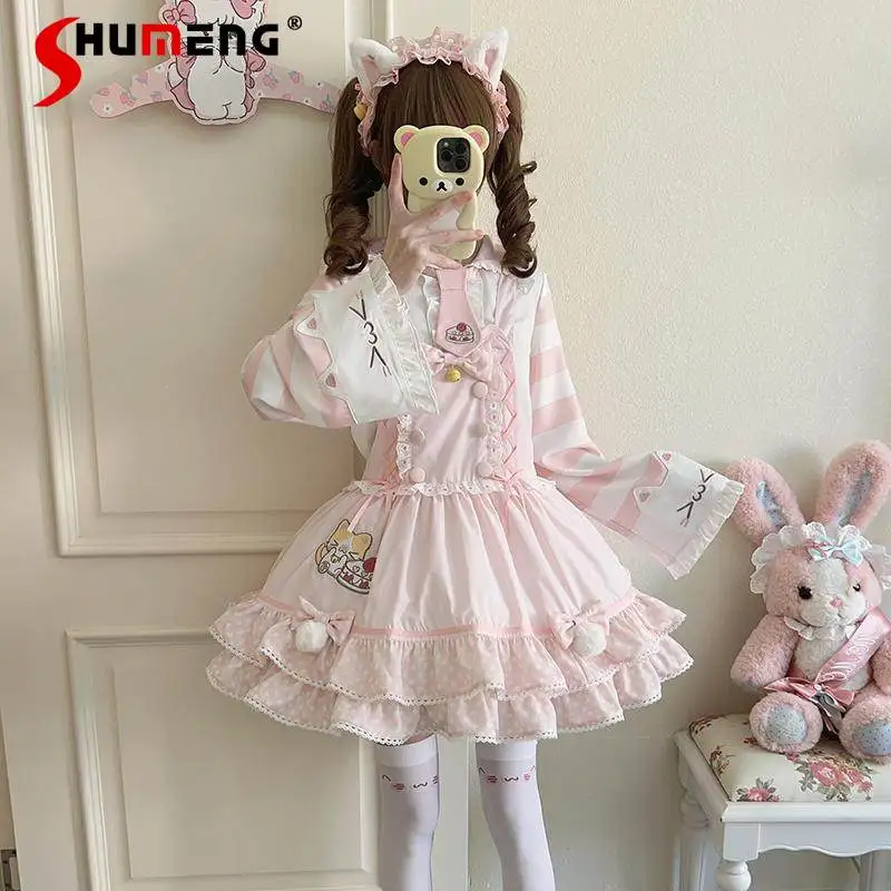 

Original Japanese Style Sweet Girls's Lolita Dresses Sets Kawaii Cartoon Embroidery Lace Bow High Waist Suspender Short Dress