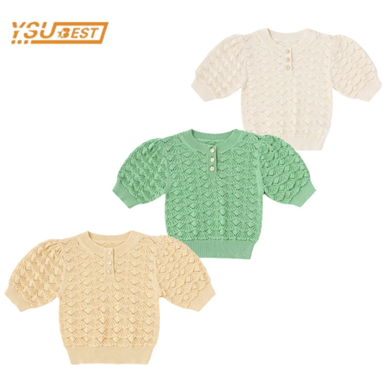 

Summer Kids Baby Girls Short Sleeve T-shirt For Girls Tops Baby Girls Hollow Out Pure Color Knit T-shirt Children's Clothes