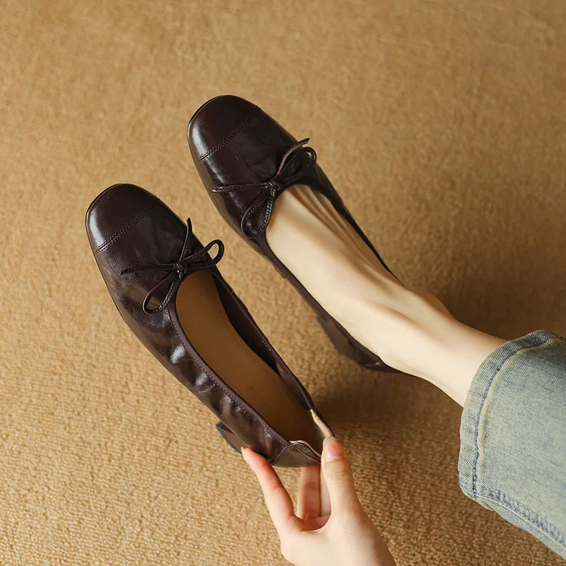

Gorasion Women Spring Autumn Bow Single Shoes Mid-heel Pointed Toe Sexy Elegant Mary Janes Gemuine Leather Pumps Handmade Shoes