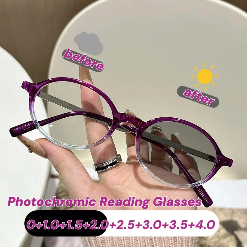 

New Vintage Photochromic Reading Glasses for Women Men Anti Blue Light Outdoor Color Changing Far Sight Eyeglasses Plus Diopter