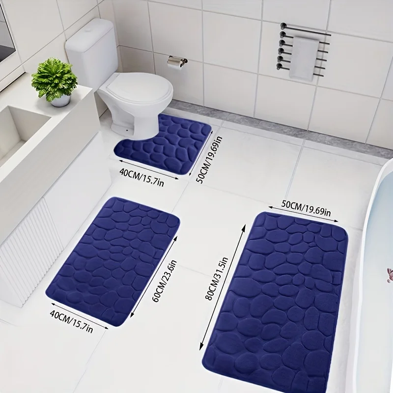 3pcs Pebble Bathroom Mat Set, Absorbent & Quick-drying Bathroom Floor Carpet, Non-slip & Non-shedding U-Shaped Contour Rug