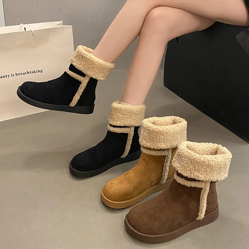 

Теплые женские зимние ботинки до середины икры на подкладке, зимние ботинки с откидной манжетой, модные двусторонние ботинки с противоскользящей резиновой подошвой