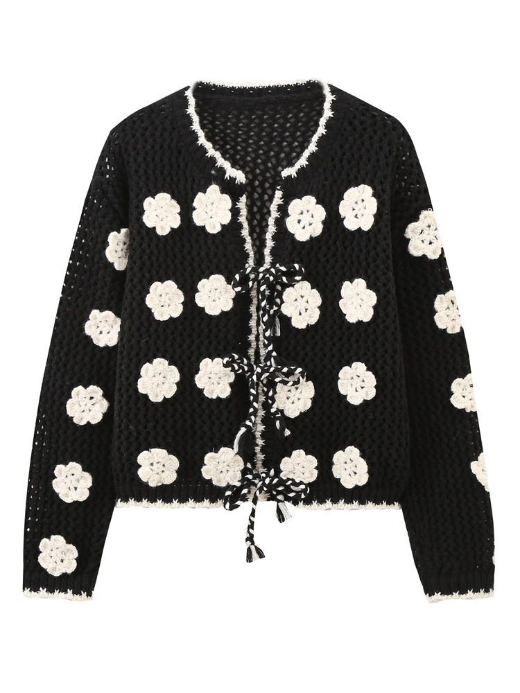 Korobov Autumn Winter New Cardigan European Style Hook Flower Decoration Lace-up Sweater Women's Clothing Sueters De Mujer