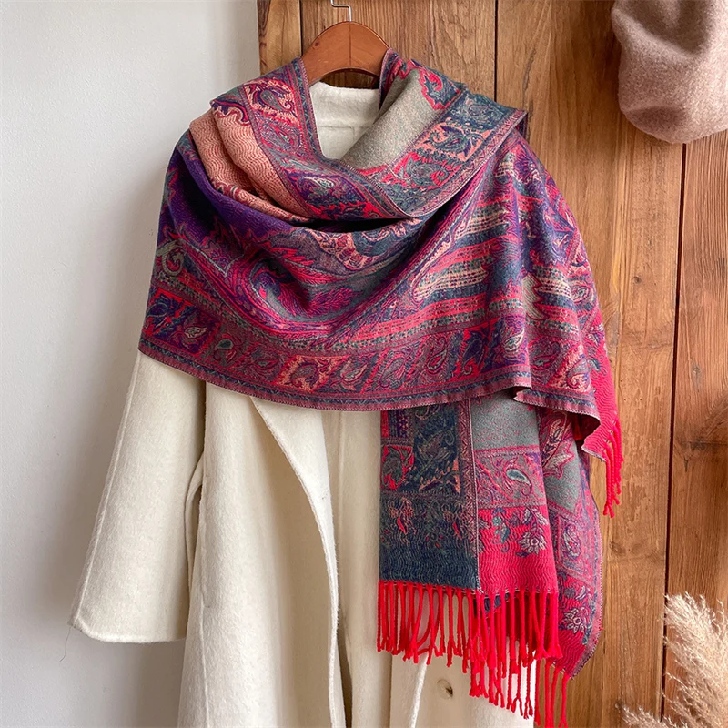 Pashmina Shawl Scarf Women Jacquard Cashew Printed Scarves Flowers Borders Female Tassel Blanket Wraps Ethnic Shawls