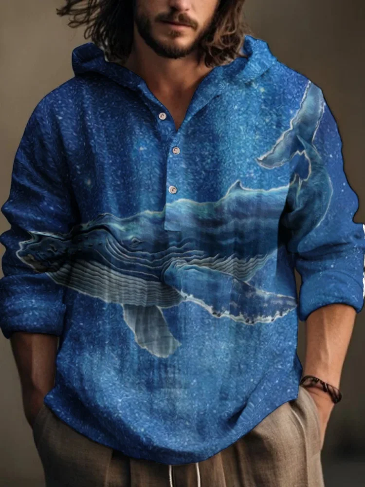 

Men's Half Button Hooded Henley Long Sleeve Shirt Whale Print Loose Casual Lightweight Top Breathable Streetwear Blouse