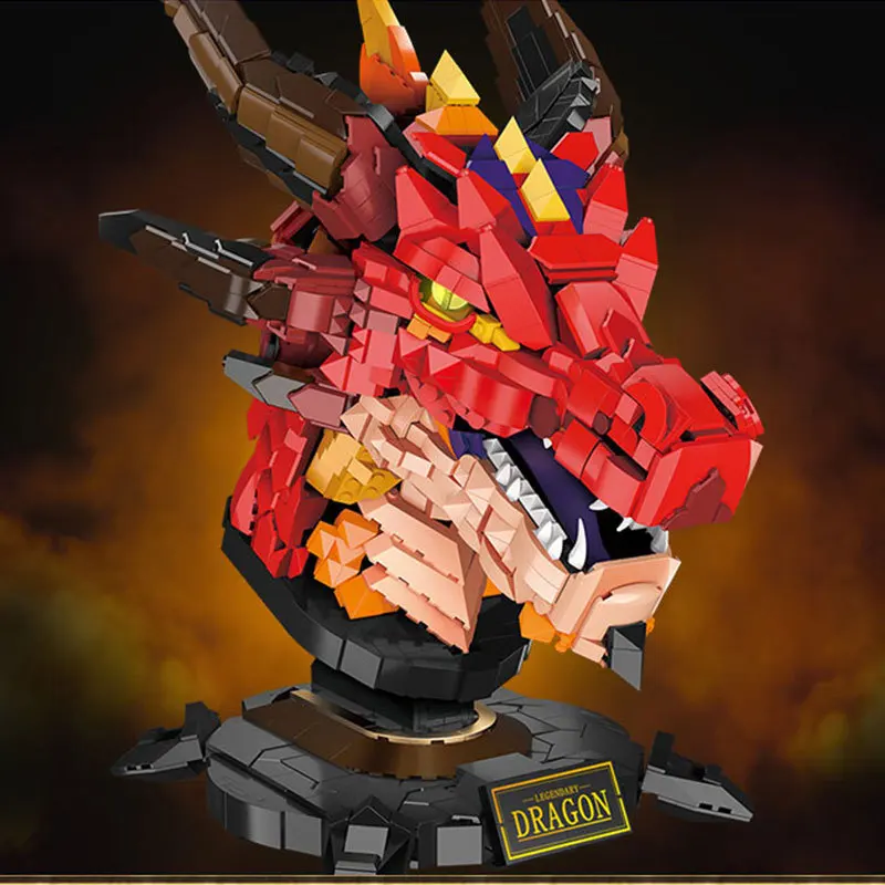 MOC Fire Golden Dragon Head Statue Building Blocks Zodiac Red Devil Symbol Of Power Animal Ornaments Bricks Toys Children Gifts