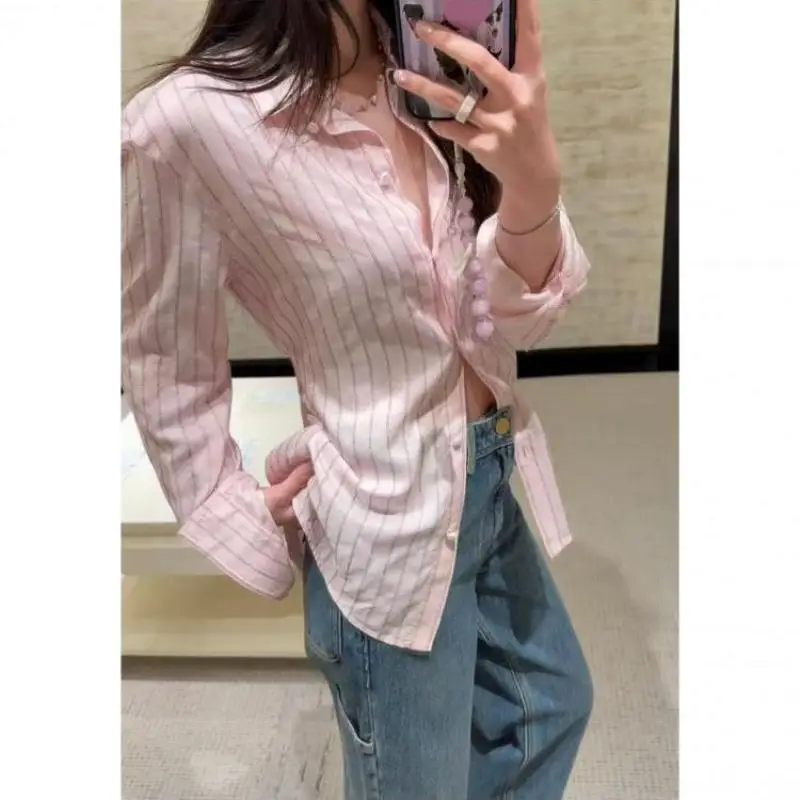 2026 Early Autumn Contrast Girl Style Pink Fashion Slim-fit Slimming Stylish Polo Collar Long Sleeve Shirt Cardigan For Women
