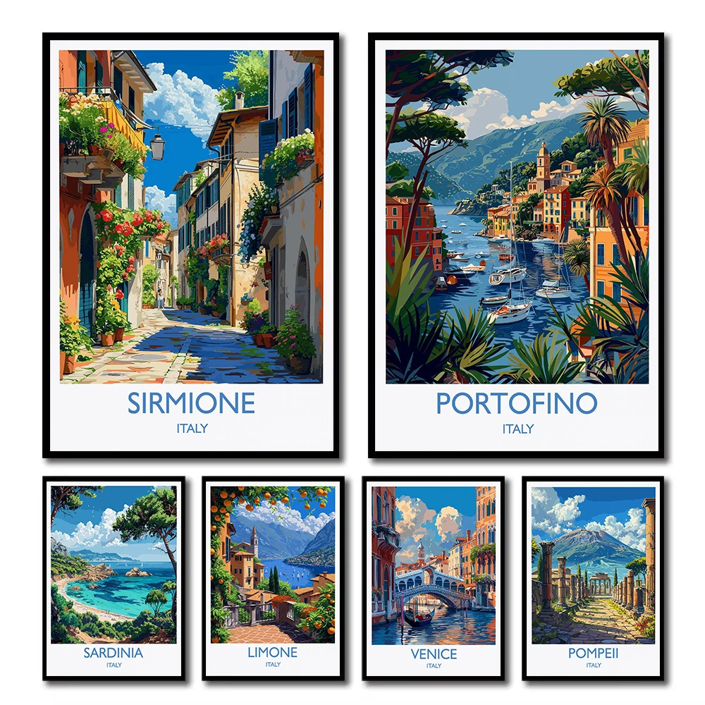 Retro Italy Coastal City Mediterranean Seascape Town Architecture Aesthetic Canvas Poster Wall Art Pictures Home Decor Gift