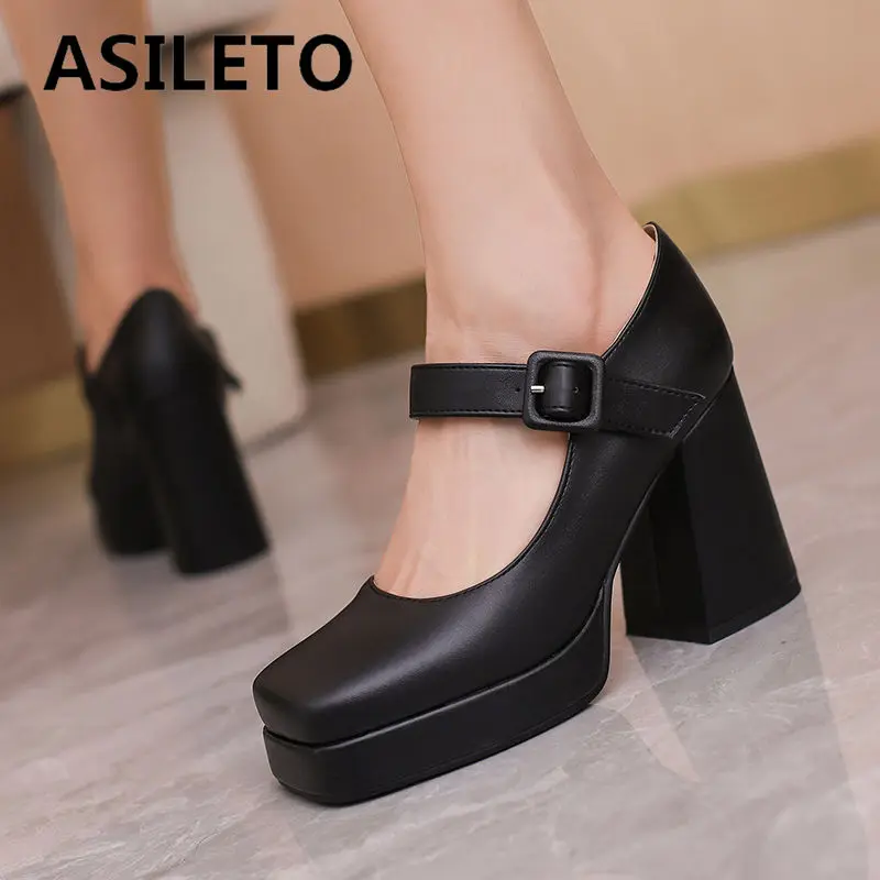 ASILETO Brand Ladies Pumps Square Toe Block Heels 10cm Platform 2cm Buckle Strap Wedding Female Shoes Sexy Large Size 46 47 48