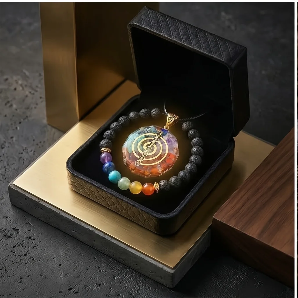 Seven Chakra Orgonite Energy Pendant & Bracelet Set | Sacred Geometry Concentric Circles Colorful Crystal Chip Pendant + Rainbow