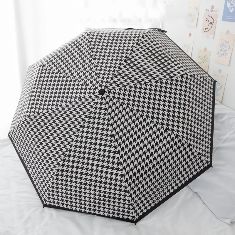 New Fully Automatic Three Fold Clear Umbrella Thousand Bird Grid Folding Umbrella Black Glue Anti UV Sunscreen Sunshade Umbrella