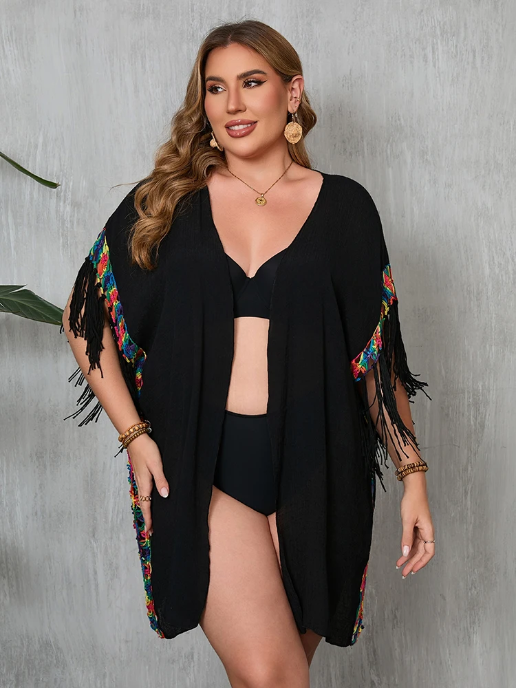 

Plus Size Women Lace Cover Up Cardigan Beach Dress Tassel Short Sleeves Summer Swimsuit Cover Up Casual Transport Beachwear