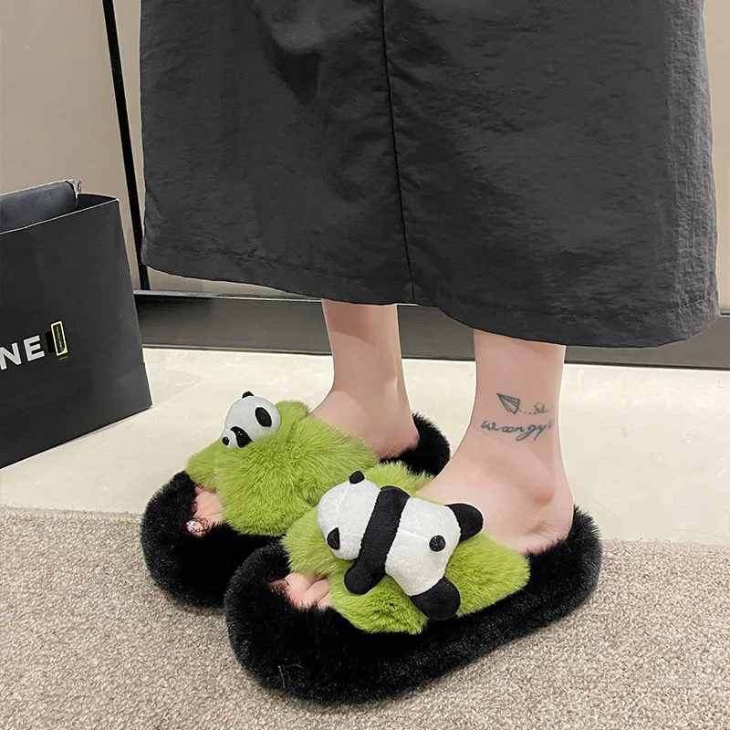 New 7 cm kawaii panda slippers woman high heel warm fur slides shoes women's open toe platform fluffy slippers indoor outdoor