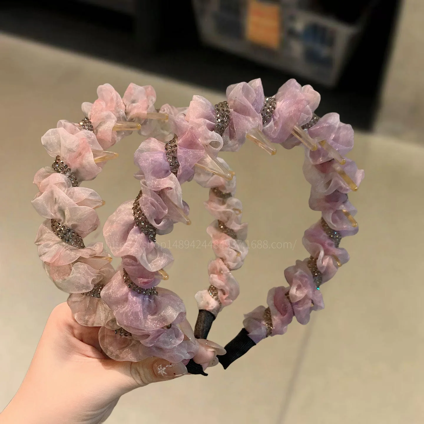 Glitter Tulle Gathered Floral Hairband Women Ombre Purple Pink Mesh With Rhinestone Accent Dreamy Silk Hair Accessory Head Wrap