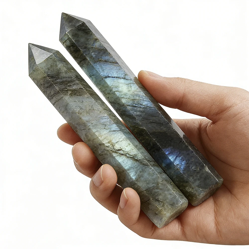 

5.91" Tall Labradorite Stone Single Pointed Hexagonal Prism Crystal Point Wand Home Decor Stone Crafts Crystal Tower 2pcs Set