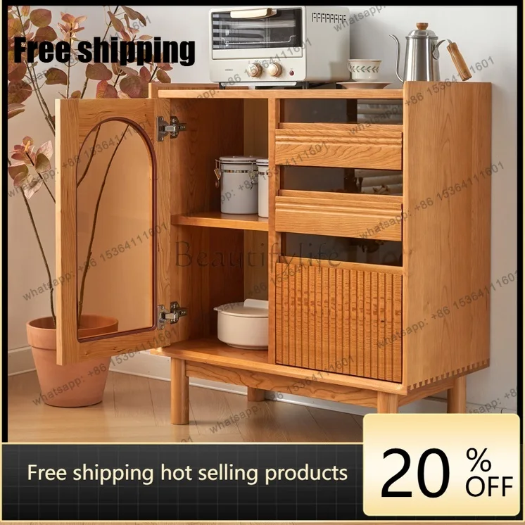 Factory Direct Nordic Solid Wood Dining Side Japanese Cherry Wood Side Cabinet Simple Living Room Entrance Glass Tea Cabinet