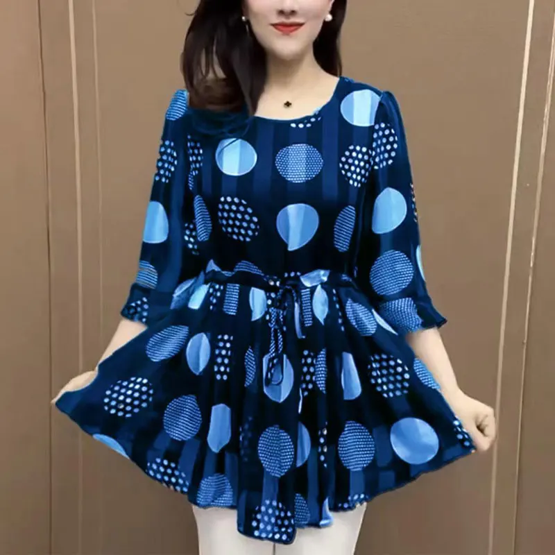 Commute Fashion Polka Dot Shirt Spring Summer Thin Drawstring Waist Women\'s Clothing 3/4 Sleeve Casual Round Neck Loose Blouse