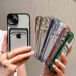 Funda transparente galvanizada con tarjetero para iPhone 13, 11, 12, 14 Pro Max, 15 Plus, bolsillo para fotos, funda de silicona a prueba de golpes