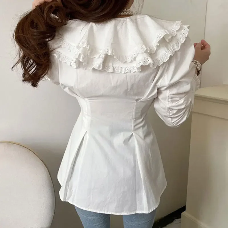 Komiyama Laciness Collar Blusas Mujer Pleated Tunic Shirts Blouses Elegant Chic Fungus Shirt Tops Spring New Clothes Women