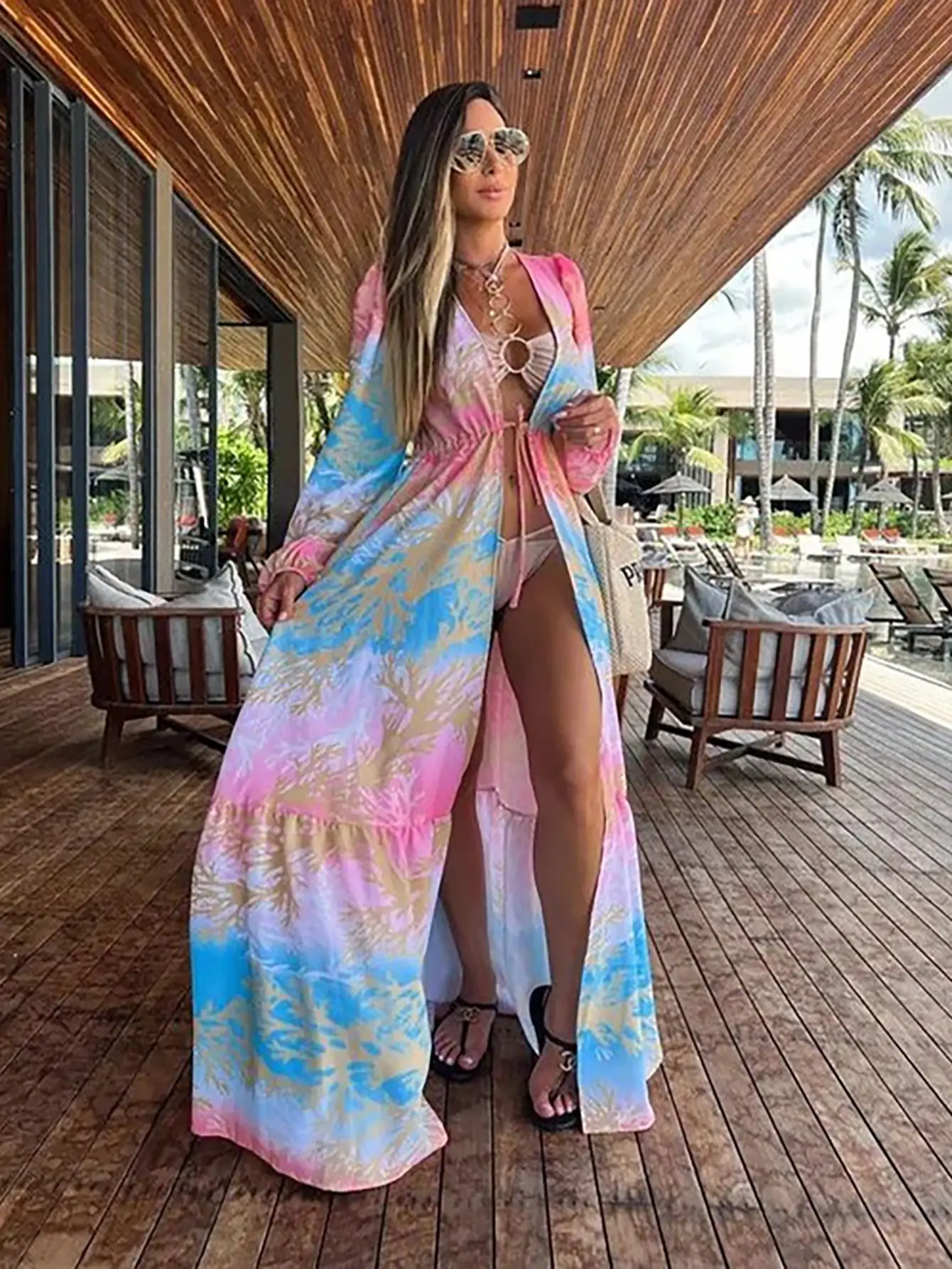 Summer Women Sexy Print Cover Up Tie Up Long Sleeve V-Neck Bathing Suit Female Elegant Causal Long Dress Beach tunic