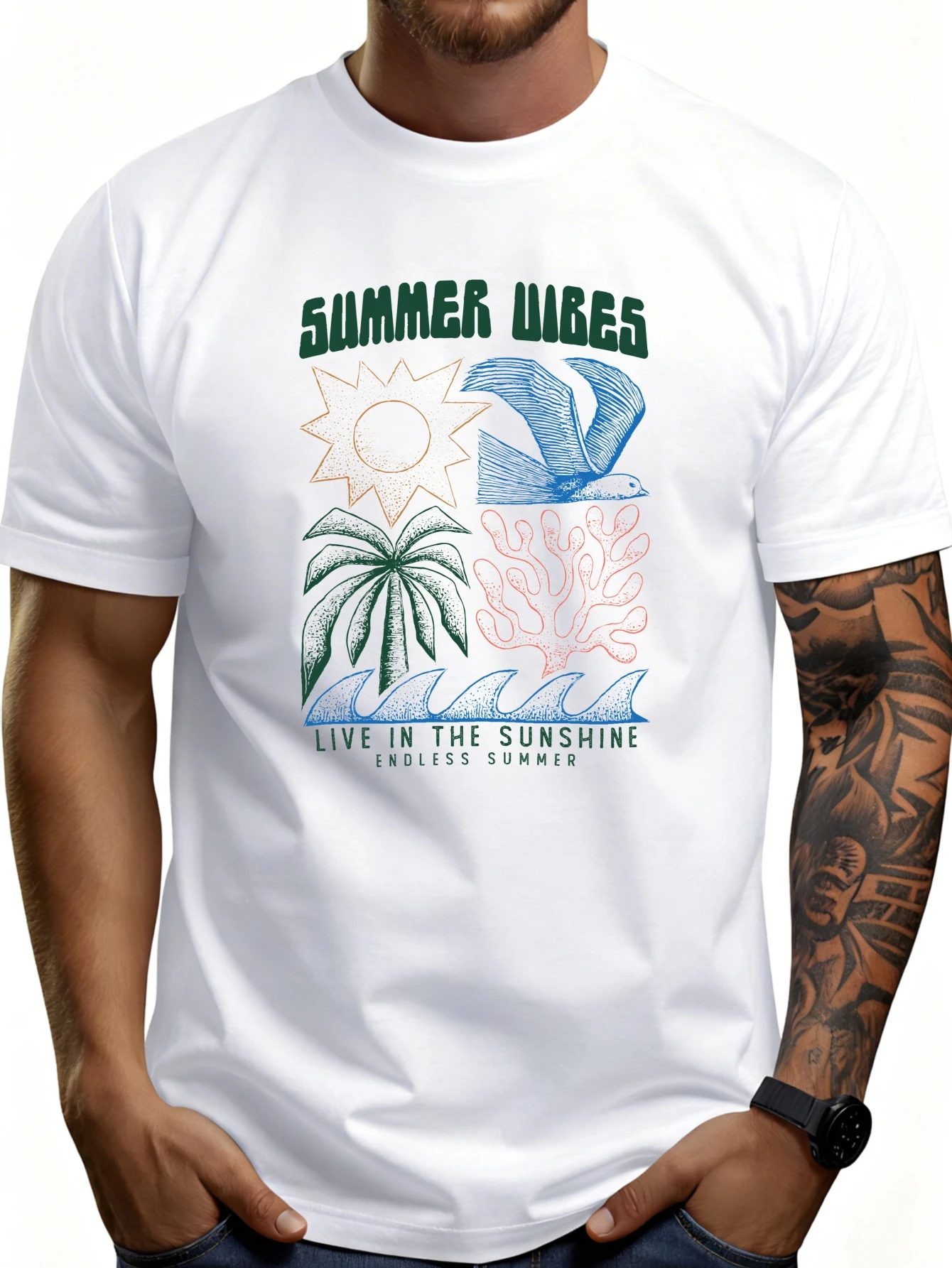 Casual Summer Style Men's T-Shirt with Sun, Palm Tree, and Seagull Designs, Featuring a Theme of Living in the Sunshine and Endless Summer, Perfect for Beach Trips and Warm Weather, an Ideal Gift for Him.