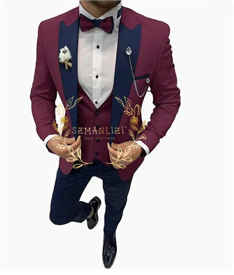 

Fashion Burgundy Wedding Suits For Men Navy Blue Peaked Lapel Groom Tuxedos 3 Pieces Set Groomsmen Blazer Male Trajes De Hombre