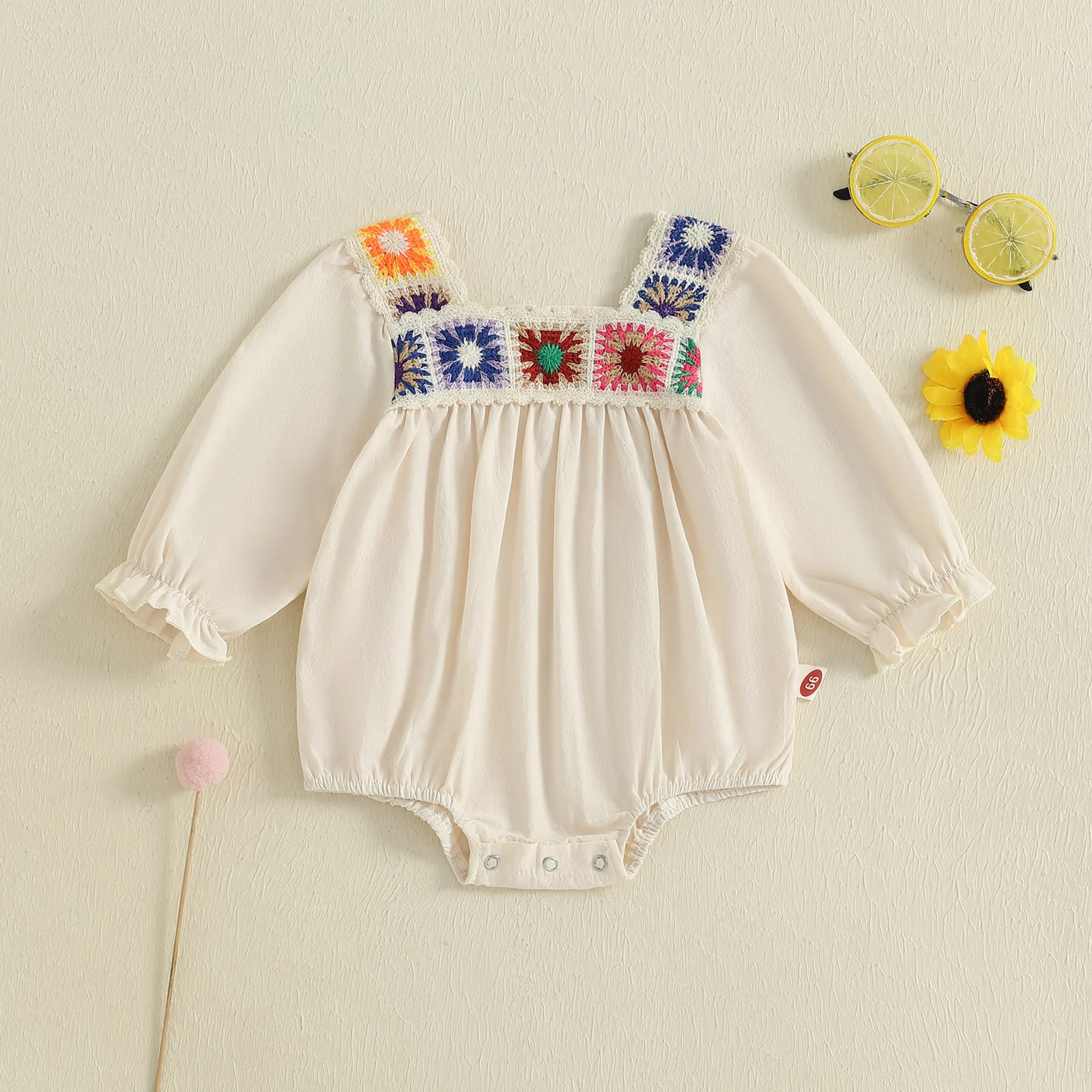 Baby Girl Autumn Casual Romper Beige Long Sleeve Boho Pattern Embroidery Rompers Playsuit