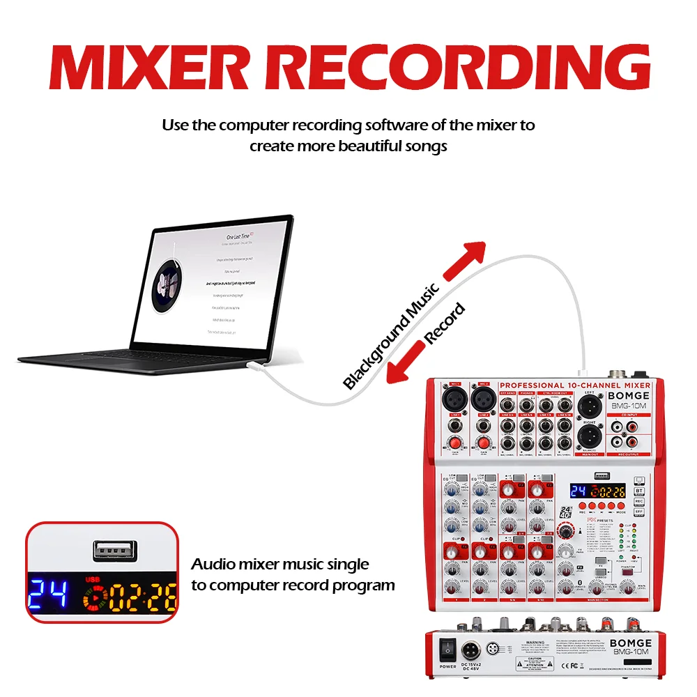 BOMGE 10 12 Channel Soundboard Audio Mixer with Xenyx Preamp, 24DSP, Bluetooth, 48V Phantom Power, EQ and USB/Audio Interface