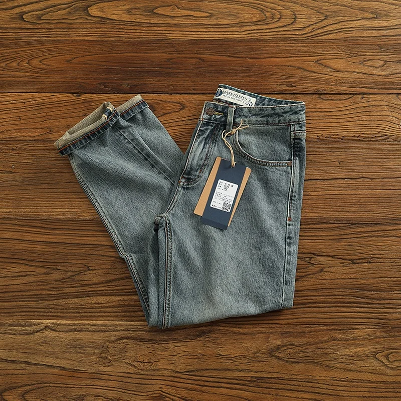 الرجعية اليابانية Sle الضوء الأزرق الرجال سليم مستقيم الساق الجينز الدنيم السراويل Faionable السراويل الطويلة مريحة للتنفس
