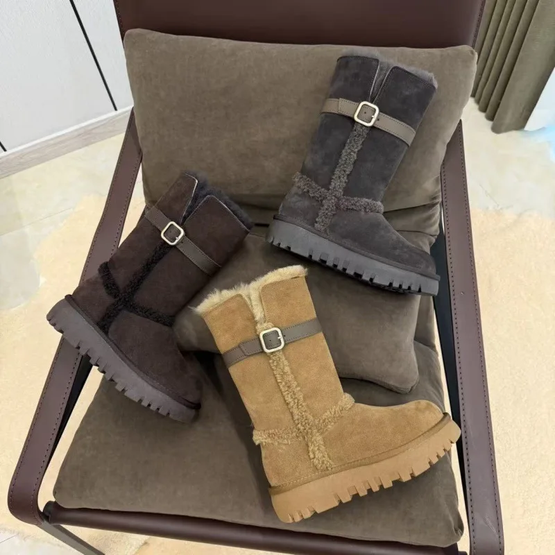 

Winter Thick-soled High-pass Snow Boots Cowhide Wool Genuine Leather Casual Velvet Heightening Belt Buckle Warm Women's Boots
