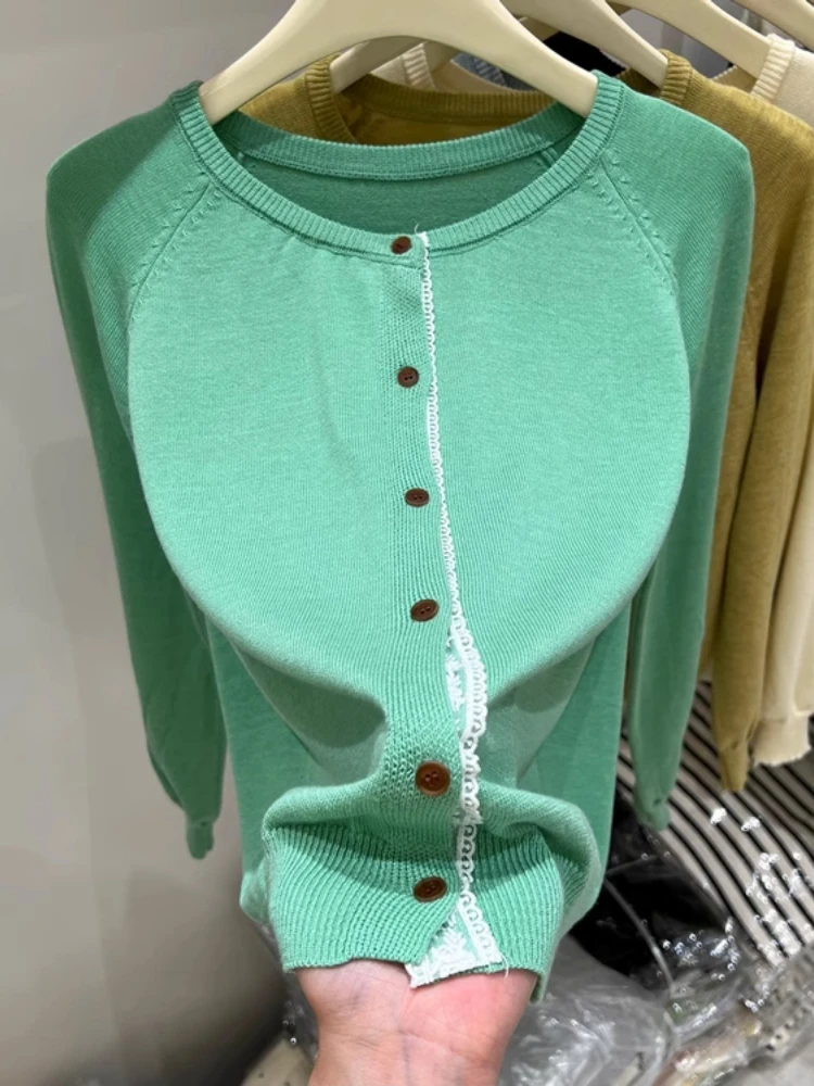 Dames herfst winter 2025, nieuwe lange mouwen, casual, veelzijdige trui, Franse O-hals, kanten rand, enkele rij knopen, gebreid vest