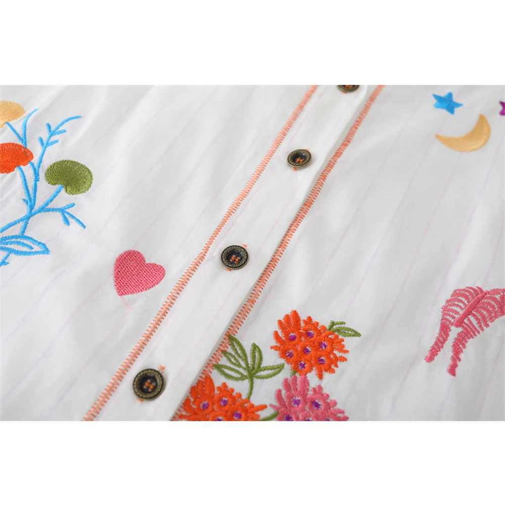 Women Summer Chic Shorts Sets Exquisite Embroidery Pattern Lapel Collar One Breasted Loose Blouses+Elastic Waist Wide Leg Shorts