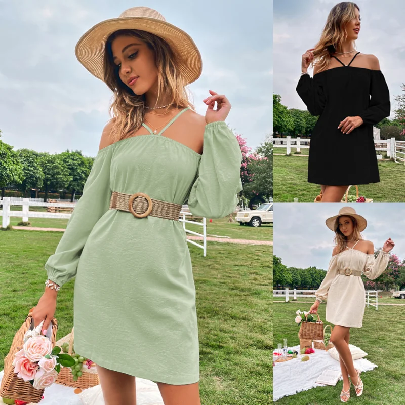 

YQ1-2026Spring and Summer New Women's Clothing Chest Wrap Loose Casual Short Dress Off Shoulder Strap Long Sleeve Dress