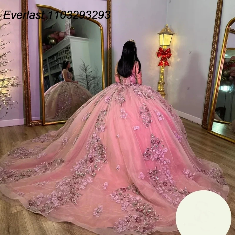 EVLAST-Vestido Quinceanera Rosa Brilho, Apliques Floral 3D, Espartilho México, Vestido de Baile Doce 16, TQD293, 15 Anos