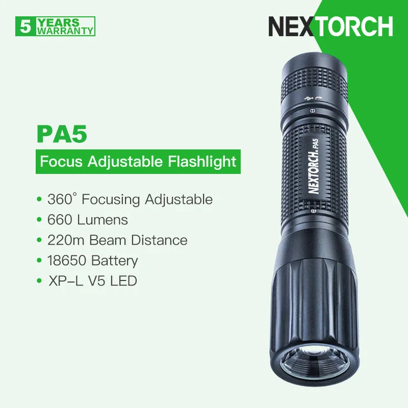 Nextorch-PA5 مصباح يدوي قابل للتعديل ، 360 درجة التركيز ، 660 شمعة ، 18650 بطارية ، براءة اختراع عدسة فريسنل ، أبيض محايد ، قابلة للشحن