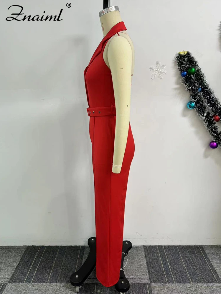 Znaiml Women Halter Backless Red Jumpsuit with Belt Elegant Party Loose Wide Legs Pant Rompers Fashion Birthday Club Overalls