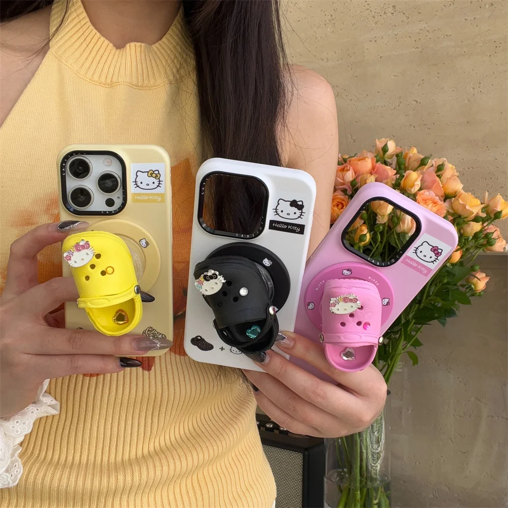 

Korean cute cartoon Kitty Crocs new protective cover phone case for iPhone 16 15 14 13 Pro Max Fundas with magnetic stand cover