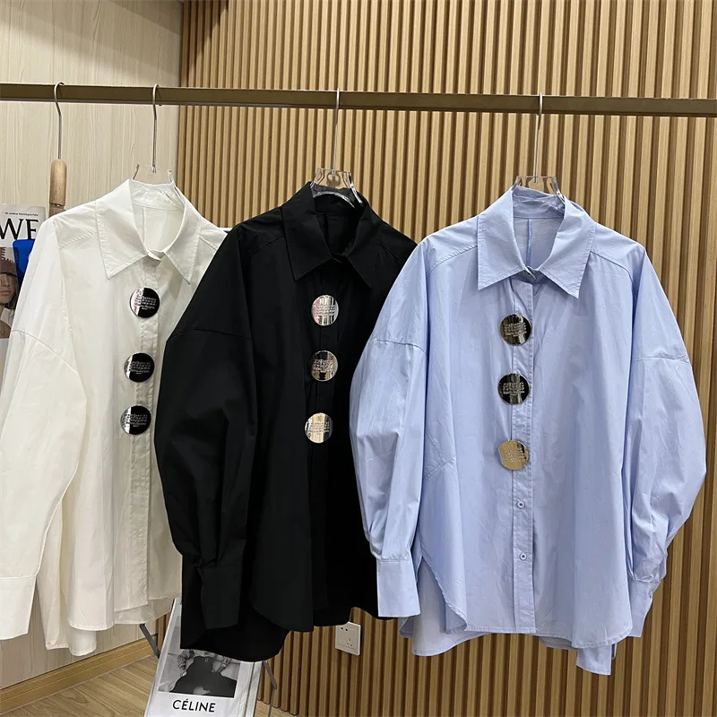 

Korean Autumn Vintage Turn-Down Collar Loose Shirts Spring Women Lantern Long Sleeve Single-Breasted White Blouses 8 Colors Tops