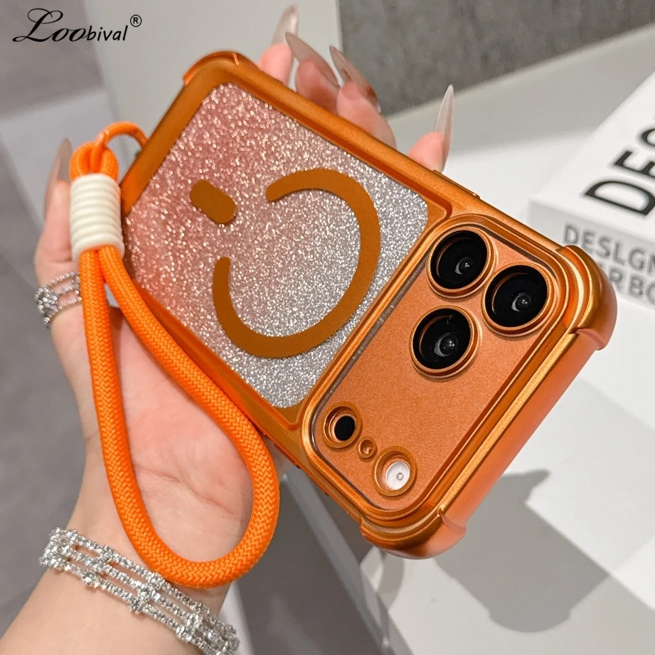 Glitzernde MagSafe Lanyard-Handschlaufen-Hülle für iPhone 17 16 15 Pro Max Air 14 Plus 13 – stoßfeste Farbverlauf-Hülle mit Handgelenkschlaufe
