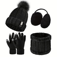 4-piece women's winter warm and windproof accessory set with fluffy ball urinal cap, ear cups, touch screen gloves, and scarf